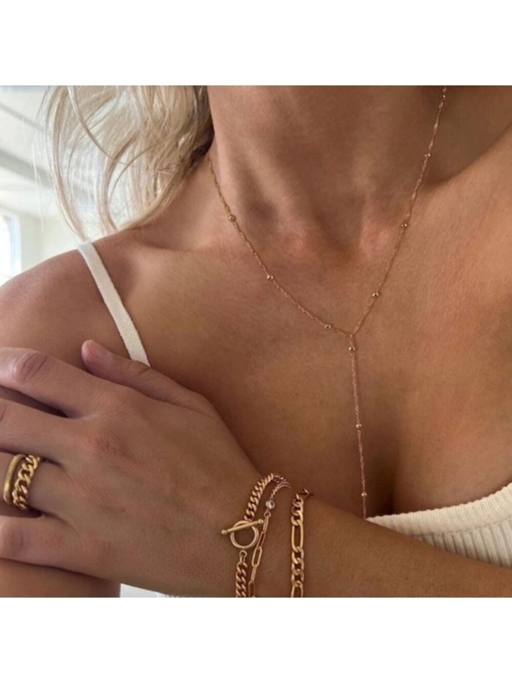 14k Gold Plated Beaded Lariat Necklace Dainty Drop Necklace | - Picture 3 of 4